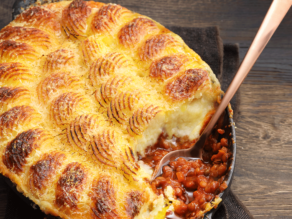 Vegetarischer Shepherd&amp;#39;s Pie mit Linsenbolognese