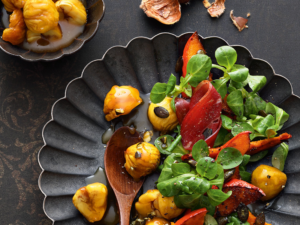 Glasierte Maronen mit Feldsalat, Kürbis und Gänsebrust Glasierte Maronen mit Feldsalat, Kürbis und Gänsebrust