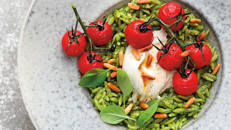 pastasotto-basilikum-mit-burrate-und-geschmorten-strauch-tomaten