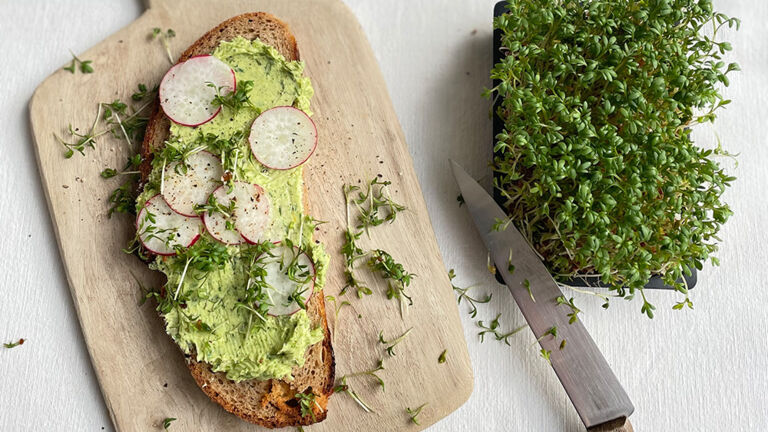 Frisch gebackenes Sauerteigbrot und ein paar Scheiben Radieschen schmecken besonders gut zu Kressebutter. Kressebutter